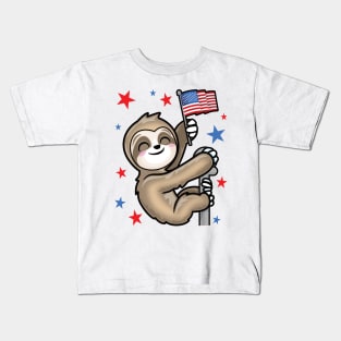 USA American Patriotic Cute Climbing Sloth Stars Kids T-Shirt